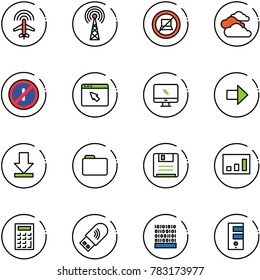 line vector icon set - plane radar vector, antenna, no computer sign, clouds, parkin odd, cursor browser, monitor, right arrow, download, folder, save, statistics, calculator, usb wi fi, binary code