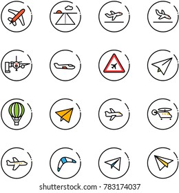 line vector icon set - plane vector, runway, departure, arrival, boarding passengers, small, airport road sign, paper, air balloon, fly, helicopter, boomerang