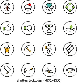 line vector icon set - plane radar vector, snowfall, heart care, friends, like, dislike, cup, hand sproute, success, rock axe, rich, bucksaw, fretsaw, drill machine, lawn mower, pipe welding