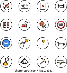 line vector icon set - plane vector, departure, passport, hotel, seats, baggage scales, globe, customs road sign, bus, beach, lounger, palm, tent, axe, trailer