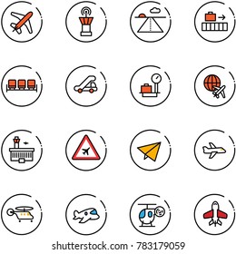 line vector icon set - plane vector, airport tower, runway, baggage, waiting area, trap truck, scales, globe, building, road sign, paper fly, helicopter, toy