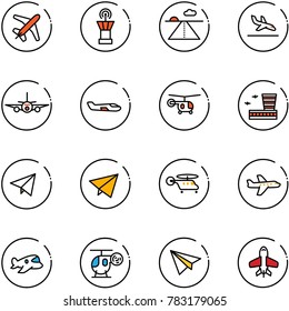 line vector icon set - plane vector, airport tower, runway, arrival, small, helicopter, building, paper fly, toy