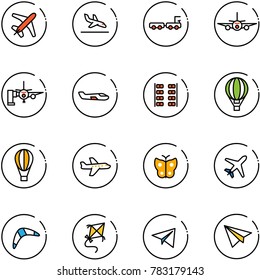 line vector icon set - plane vector, arrival, baggage truck, boarding passengers, small, seats, air balloon, butterfly, boomerang, kite, paper