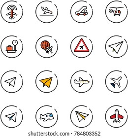 line vector icon set - plane radar vector, arrival, trap truck, helicopter, baggage scales, globe, airport road sign, paper, fly, toy