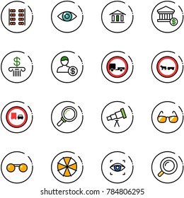 line vector icon set - plane seats vector, eye, bank, account, no trailer road sign, cart horse, truck overtake, magnifier, telescope, sunglasses, parasol, scanner