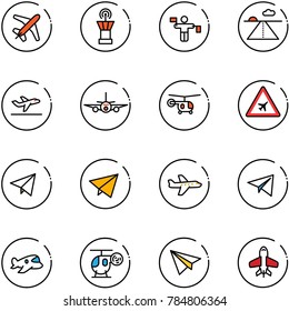 line vector icon set - plane vector, airport tower, traffic controller, runway, departure, helicopter, road sign, paper fly, toy