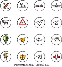 line vector icon set - plane vector, arrival, baggage truck, helicopter, airport road sign, paper, fly, air balloon, butterfly, toy