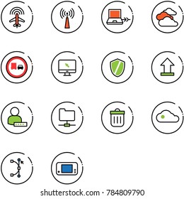 line vector icon set - plane radar vector, antenna, netabook connect, clouds, no truck overtake road sign, monitor cursor, shield, uplooad, user password, network folder, trash bin, cloud, bezier