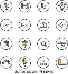 line vector icon set - plane radar vector, vip zone, travolator, santa claus, push ups, tap pay, money case, volume off, trash bin, signpost, graduate hat, opening, rainbow, air balloon, conveyor