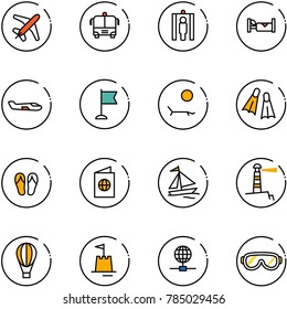 line vector icon set - plane vector, airport bus, metal detector gate, hotel, small, flag, lounger, flippers, flip flops, passport, sail boat, lighthouse, air balloon, sand castle, globe