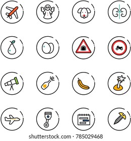 line vector icon set - plane vector, angel, dog, kidneys, pear, eggs, tunnel road sign, no moto, telescope, fizz opening, banana, palm, piston, terms plan, screw