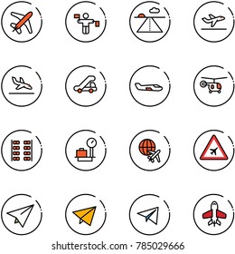 line vector icon set - plane vector, traffic controller, runway, departure, arrival, trap truck, small, helicopter, seats, baggage scales, globe, airport road sign, paper, fly, toy
