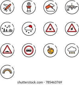 line vector icon set - plane vector, airport tower, clouds, boarding passengers, christmas landscape, snowfall, road sign, abrupt turn right, artificial unevenness, no bus, moon flag, rain cloud