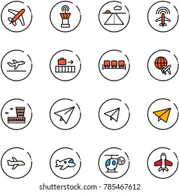 line vector icon set - plane vector, airport tower, runway, radar, departure, baggage, waiting area, globe, building, paper, fly, toy, helicopter