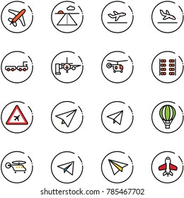 line vector icon set - plane vector, runway, departure, arrival, baggage truck, boarding passengers, helicopter, seats, airport road sign, paper, fly, air balloon, toy