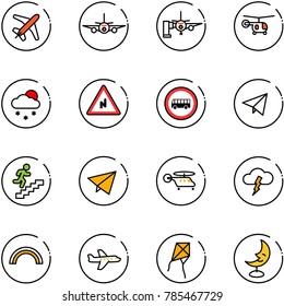 line vector icon set - plane vector, boarding passengers, helicopter, snowfall, abrupt turn right road sign, no bus, paper fly, career, storm, rainbow, kite, moon lamp