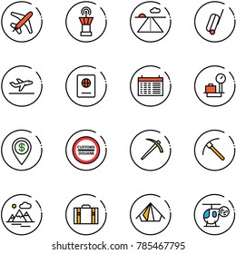 line vector icon set - plane vector, airport tower, runway, suitcase, departure, passport, schedule, baggage scales, dollar pin, customs road sign, job, rock axe, mountains, tent, helicopter toy