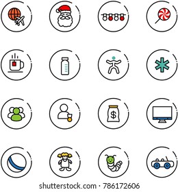 line vector icon set - plane globe vector, santa claus, garland, lollipop, tea, vial, gymnastics, ambulance star, group, winner, money bag, monitor, ball, doll, toy caterpillar, car