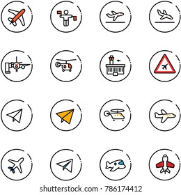 line vector icon set - plane vector, traffic controller, departure, arrival, boarding passengers, helicopter, airport building, road sign, paper fly, toy