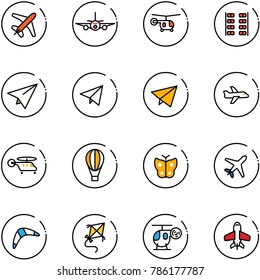 line vector icon set - plane vector, helicopter, seats, paper, fly, air balloon, butterfly, boomerang, kite, toy