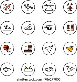 line vector icon set - plane vector, traffic controller, runway, radar, arrival, trap truck, helicopter, seats, globe, airport building, paper, fly, jointer, toy