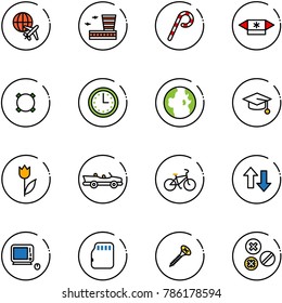 line vector icon set - plane globe vector, airport building, lollipop, candy, currency, time, graduate hat, tulip, cabrio, bike, up down arrows, monoblock pc, micro flash card, screw, rivet
