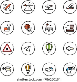 line vector icon set - plane vector, runway, departure, trap truck, baggage scales, globe, airport building, road sign, paper fly, air balloon, helicopter, toy