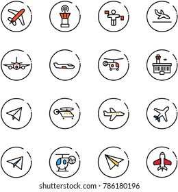 line vector icon set - plane vector, airport tower, traffic controller, arrival, small, helicopter, building, paper fly, toy