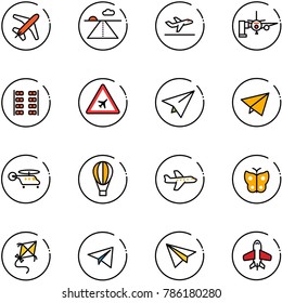 line vector icon set - plane vector, runway, departure, boarding passengers, seats, airport road sign, paper, fly, helicopter, air balloon, butterfly, kite, toy