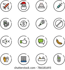 line vector icon set - plane vector, santa claus, cake, syringe, coin, dollar exchange, money torch, no limit road sign, volume off, like, dialog, banana, flip flops, binary code, jointer, phone toy