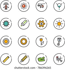 line vector icon set - plane radar vector, sun, helicopter, bladder, highlight marker, money managemet, tulip, piston, ruler, pencil, crocodile, Tic tac toe