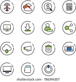 line vector icon set - plane radar vector, clouds, money click, calculator, monitor cursor, download, user password, share, cloud, loudspeaker, trash bin, game console, micro flash card