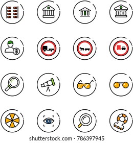 line vector icon set - plane seats vector, bank, account, no trailer road sign, cart horse, truck overtake, magnifier, telescope, sunglasses, parasol, eye scanner, teethers