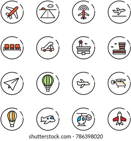 line vector icon set - plane vector, runway, radar, departure, waiting area, trap truck, airport building, paper, air balloon, helicopter, toy
