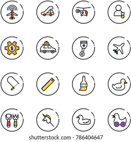 line vector icon set - plane radar vector, trap truck, helicopter, winner, money managemet, car baggage, piston, fretsaw, ruler, brush, duck toy, shovel fork, unicorn stick