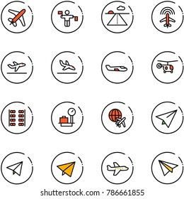line vector icon set - plane vector, traffic controller, runway, radar, departure, arrival, small, helicopter, seats, baggage scales, globe, paper, fly