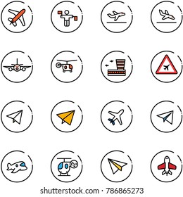 line vector icon set - plane vector, traffic controller, departure, arrival, helicopter, airport building, road sign, paper fly, toy