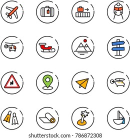 line vector icon set - plane vector, suitcase, baggage, train, helicopter, sleigh, mountains, road signpost sign, abrupt turn right, map pin, paper fly, flippers, mat, palm, sailboat toy