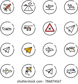 line vector icon set - plane vector, runway, departure, arrival, small, helicopter, airport road sign, paper, fly, kite, toy