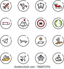 line vector icon set - plane vector, traffic controller, airport bus, sleigh, mountains, no car road sign, globe, paper fly, lounger, mat, surfing, cruiser, ufo toy, boat