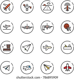 line vector icon set - plane vector, traffic controller, runway, radar, departure, boarding passengers, globe, airport building, paper, jointer, toy