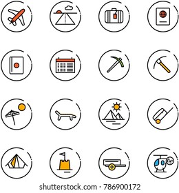 line vector icon set - plane vector, runway, suitcase, passport, schedule, job, rock axe, beach, lounger, pyramid, tent, sand castle, trailer, helicopter toy