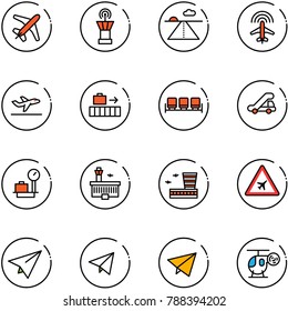 line vector icon set - plane vector, airport tower, runway, radar, departure, baggage, waiting area, trap truck, scales, building, road sign, paper, fly, helicopter toy
