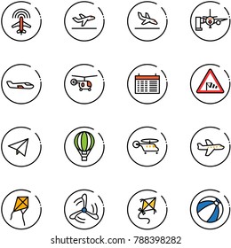 line vector icon set - plane radar vector, departure, arrival, boarding passengers, small, helicopter, schedule, side wind road sign, paper fly, air balloon, kite, mill, beach ball