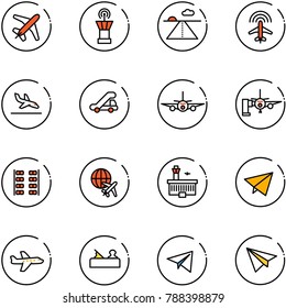line vector icon set - plane vector, airport tower, runway, radar, arrival, trap truck, boarding passengers, seats, globe, building, paper fly, jointer