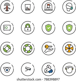 line vector icon set - plane radar vector, trash, officer window, medical mask, safe, locked, shield check, cross, lifebuoy, key hand, parasol, surveillance camera, recycling, protect glass