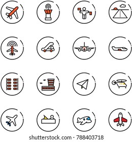 line vector icon set - plane vector, airport tower, traffic controller, runway, radar, trap truck, small, seats, building, paper fly, helicopter, jointer, toy