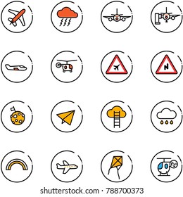 line vector icon set - plane vector, storm, boarding passengers, small, helicopter, airport road sign, abrupt turn right, moon flag, paper fly, cloud ladder, rain, rainbow, kite, toy