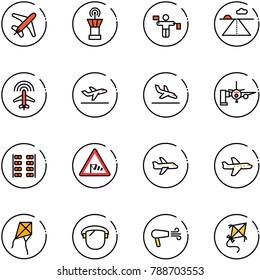 line vector icon set - plane vector, airport tower, traffic controller, runway, radar, departure, arrival, boarding passengers, seats, side wind road sign, kite, protect glass, dryer