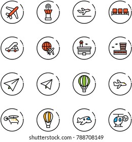 line vector icon set - plane vector, airport tower, departure, waiting area, trap truck, globe, building, paper, fly, air balloon, helicopter, toy